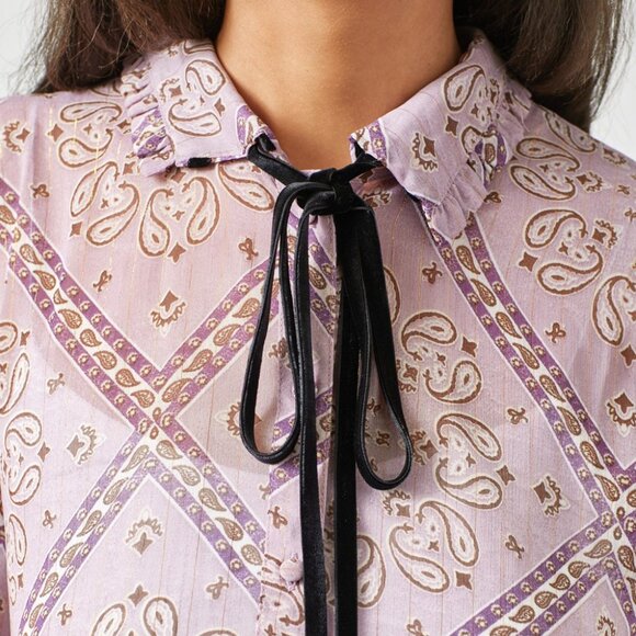 MYSTREE Lavender Paisley Print Blouse, Long Sleeve Tie Neck Top with Ruffle Cuff - Picture 6 of 6